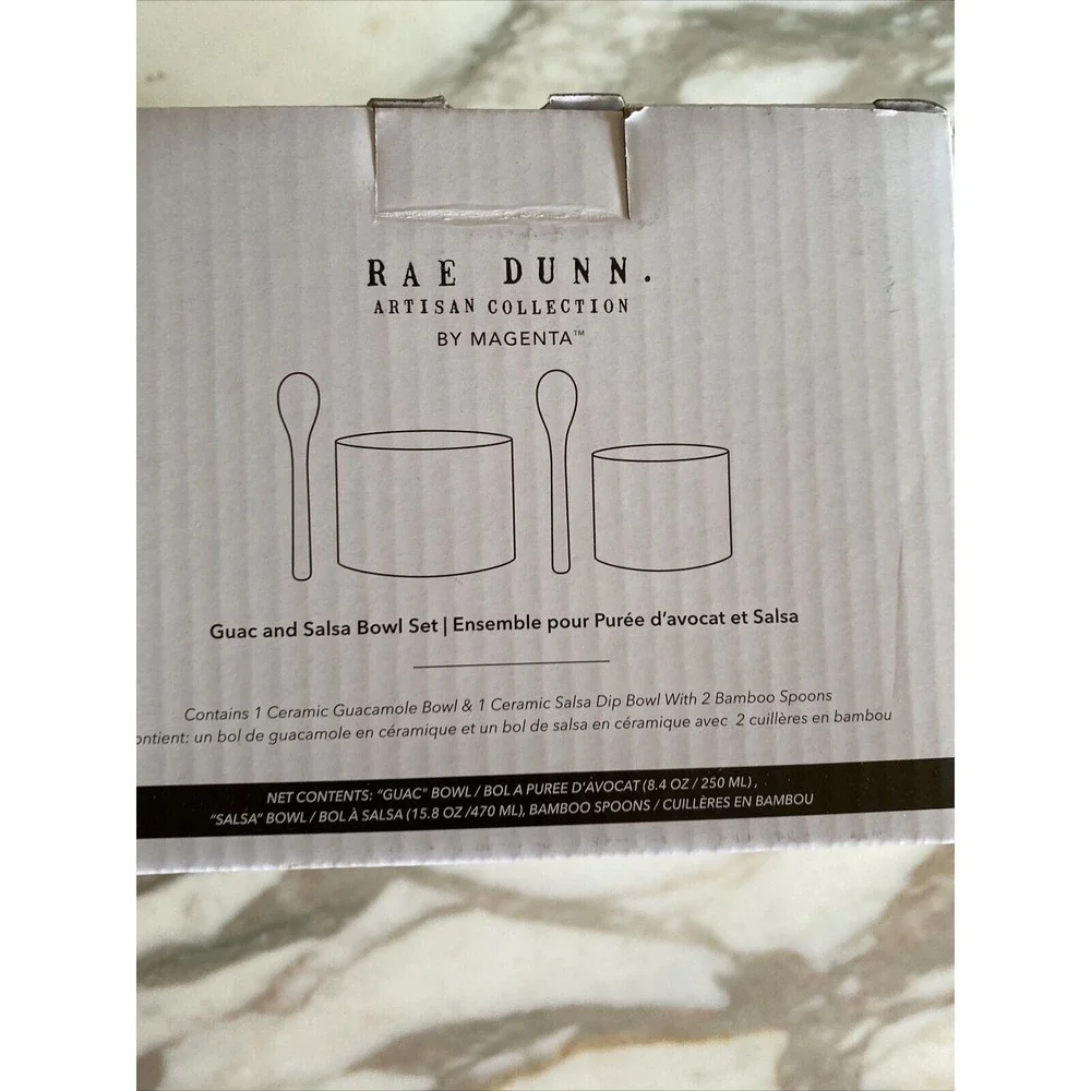 Rae Dunn Artisan Collection Guac & Salsa Ceramic Bowl Set‎ W/ Bamboo Spoons